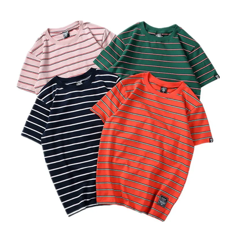 

Casual Men's T-Shirt 100% Cotton Stripe Printing O-Neck Loose Hip-Hop Top 2021 Hot Style Street Summer Fashion Clothing S-2XL