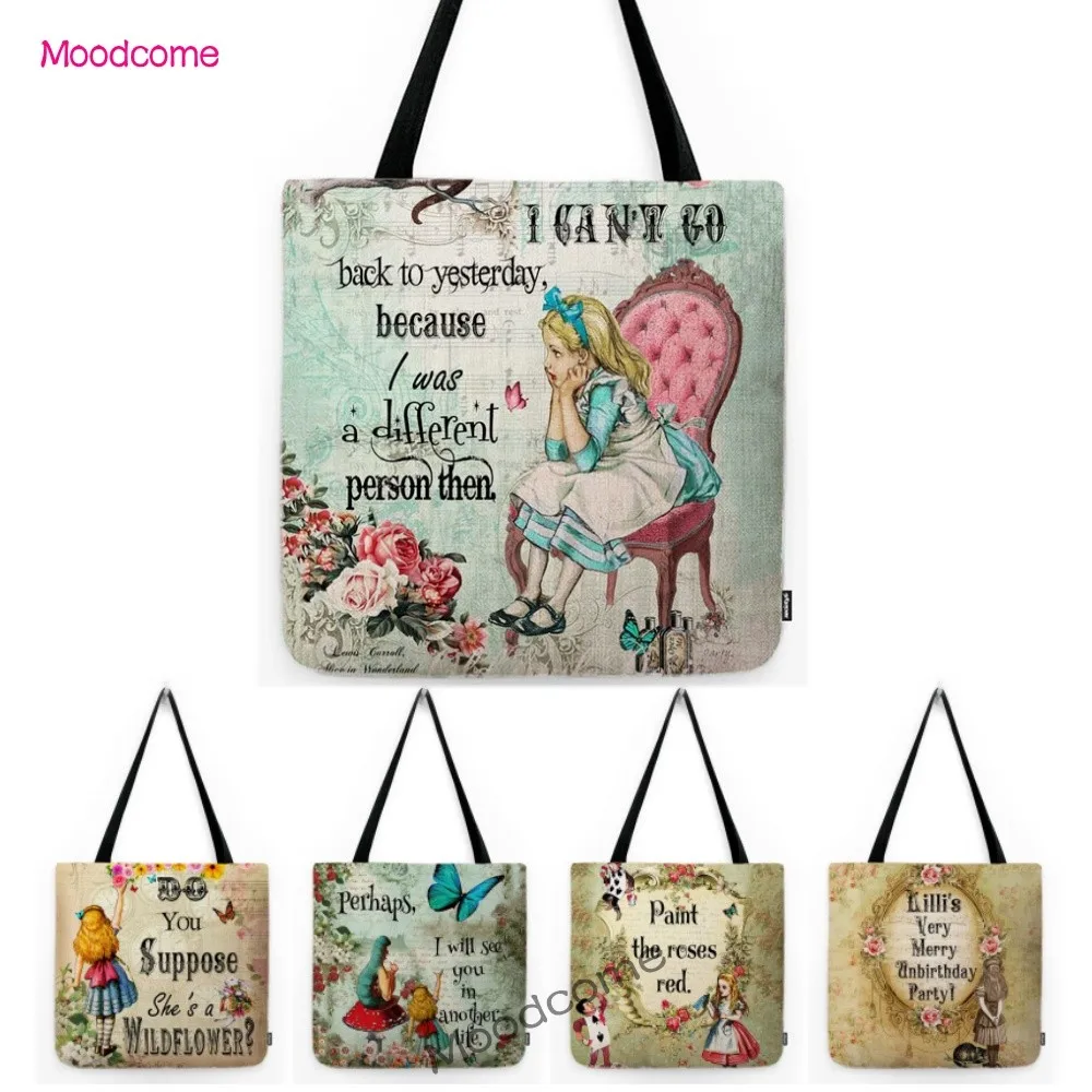 

Lovely Cute Cartoon Alice Wonderland Quotes Art Fairy Tale Childhood Cotton Linen Shopper Tote Bag Water Resistant Souvenir Bag