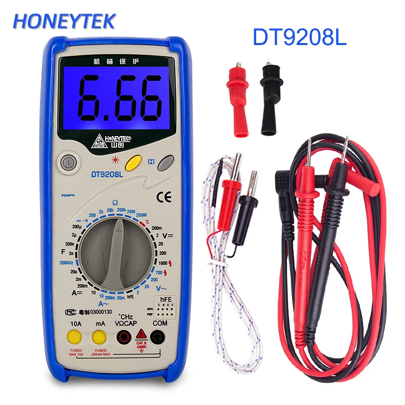 HONEYTEK DT9208 мультиметр Цифровой Профессиональный конденсатор Тестер AC/DC Напряжение Ток тестер Цифровой мультиметр температура