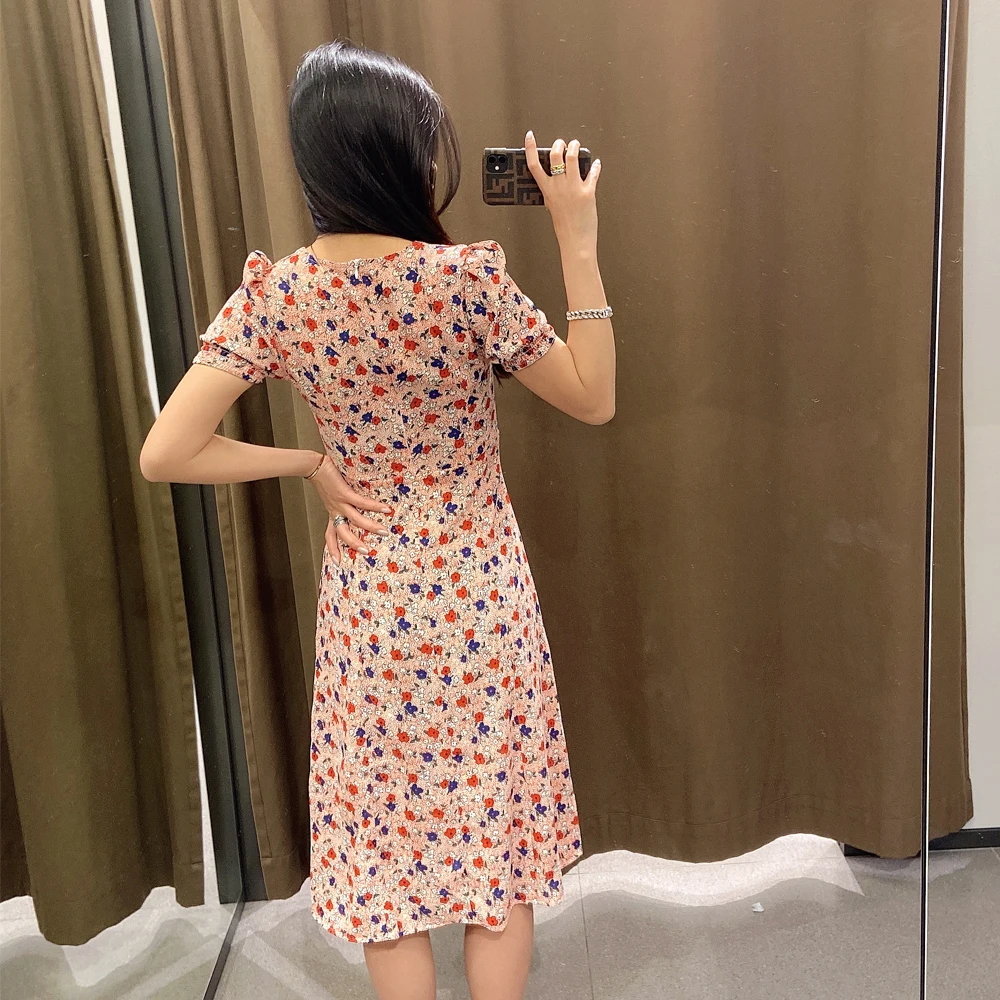 

ZA 2021 women's popular hot spring and summer dress fashion split print dress retro sexy V-neck short-sleeved party dress