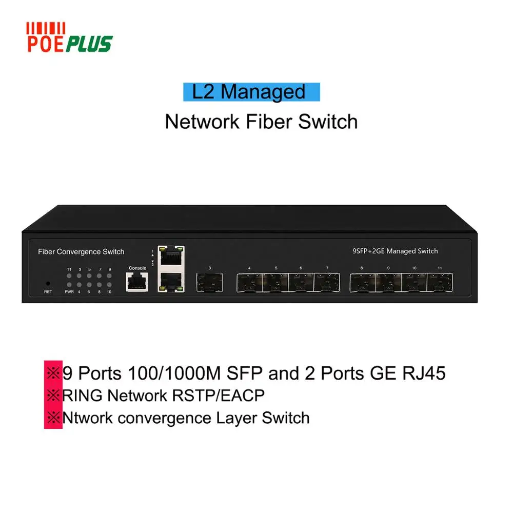 Оптоволоконный коммутатор 9 SFP управляемый с 2 портами 100/1000M RJ45 полный гигабитный