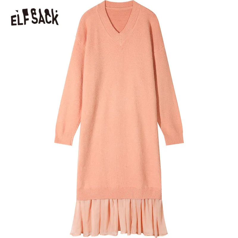 Женское трикотажное платье ELFSACK разноцветное однотонное с оборками длинными