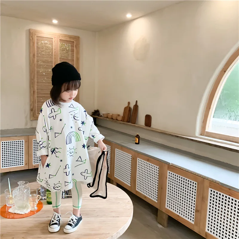 

Платье для маленьких девочек, повседневное Свободное платье с мультяшным принтом, детская одежда, осень От 2 до 7 лет, платья с длинными рукав...