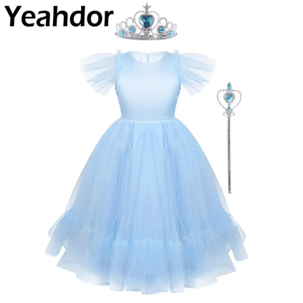 Детское Плиссированное Сетчатое платье с рукавами крылышками для девочек Платье