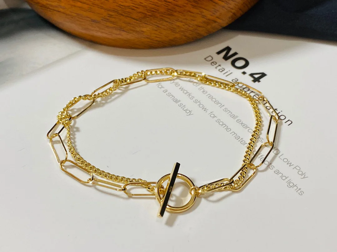 

18K Solid Yellow Real Gold Jewelry(AU750) Women OT buckle bracelet with double chain bracelet not drab feeling fashion popular