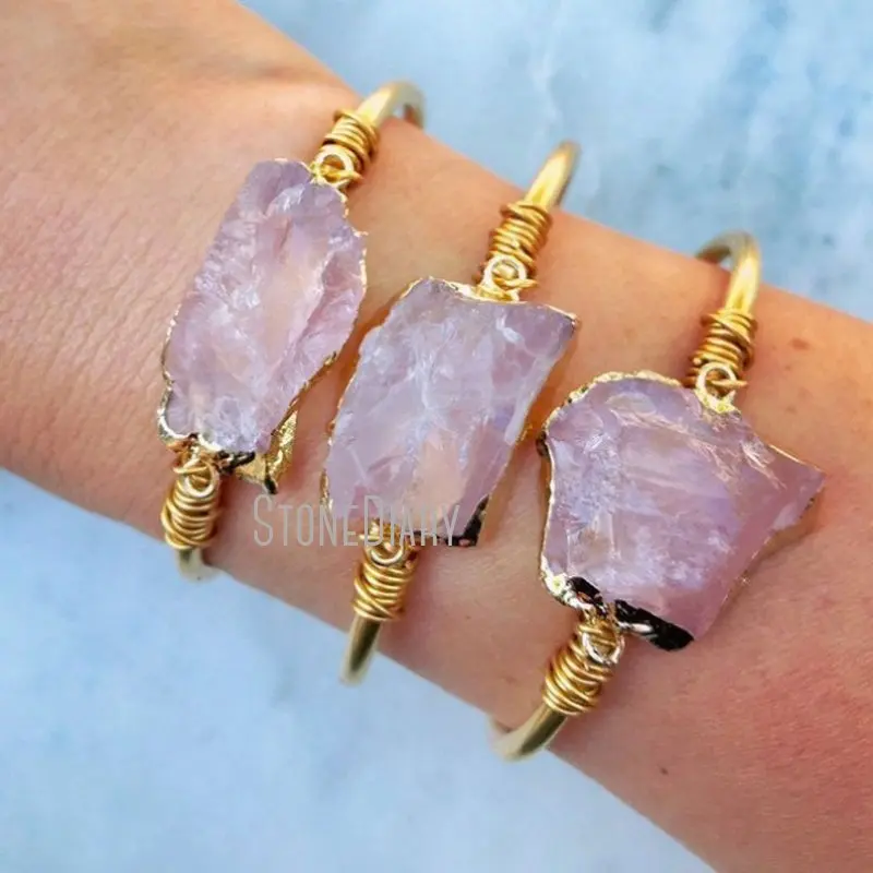 

BM27692 Rose Quartz Crystals Healing Stones Free Form Adjustable Cuff Bangle Gold Plated Wire Wrapped Bracelet