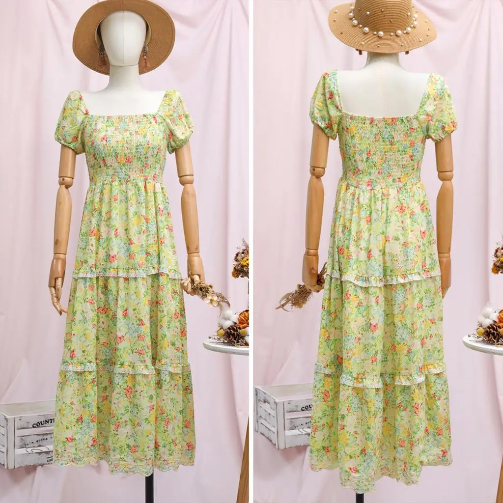 

Jastie Summer Women Dresses Nice Floral Print Square Neck Puff Sleeve Lace Edge Midi-Dress Bohemian Holiday Beach Party Dress