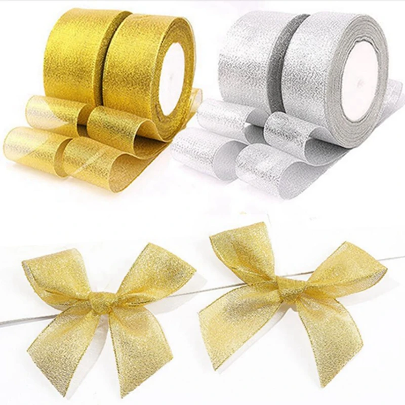 

Gold silver ribbon 25 yards 22M metal shiny For wedding party Christmas decoration DIY craft cake gift bow packaging ribbon