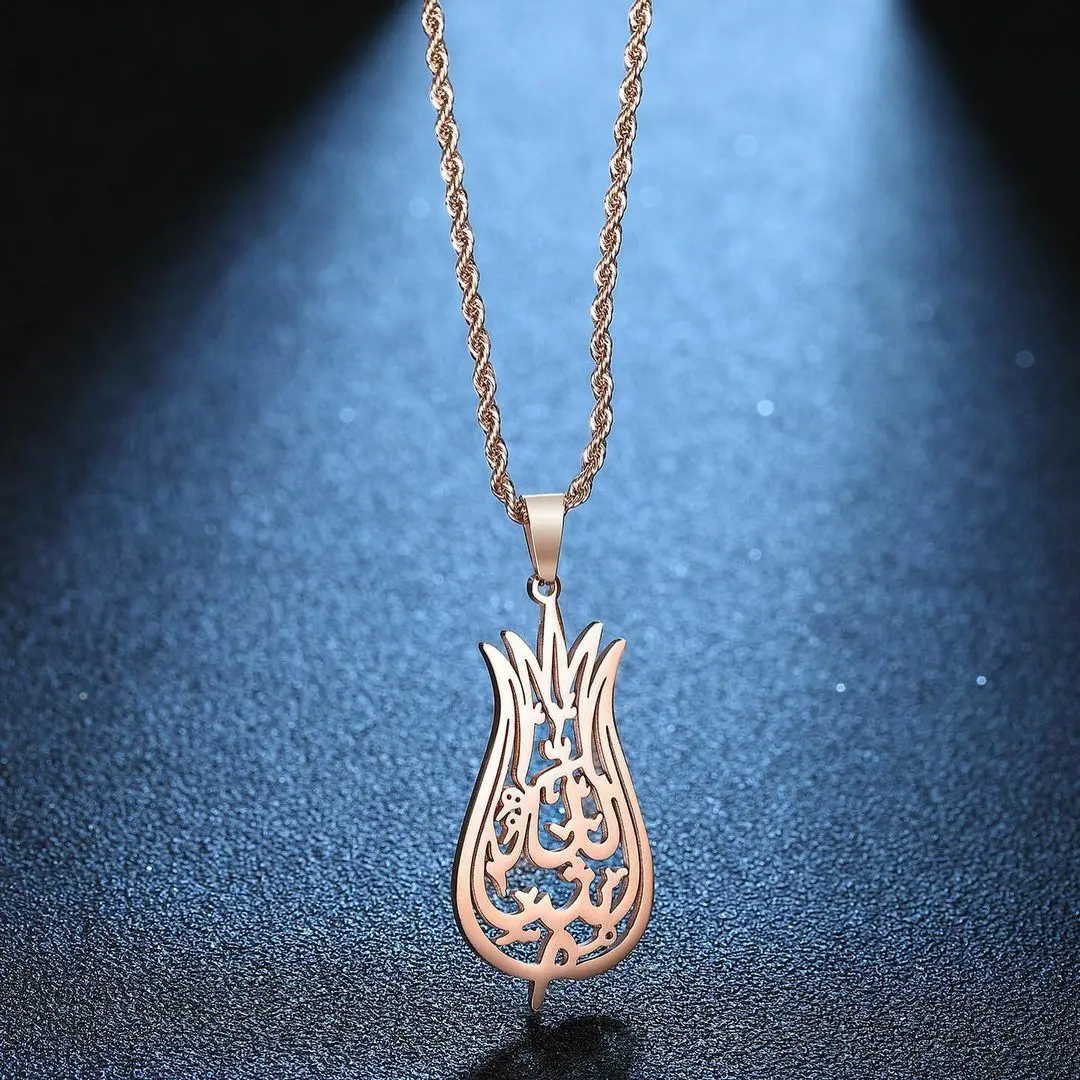 Mashallah Necklace - Arabic Calligraphy Tulip Pendant For Women Jewelry Engraved Arbic Necklaces Stainless Steel Muslim Allah
