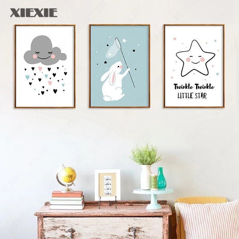 

Childish Painting Home Decoration for Kids Nordic Wall Pictures for Living Room Rabbit Cloud Canvas Art Kindergarten Decor