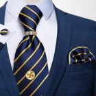 Галстук мужской шелковый, темно-синий, в золотистую полоску, 8 см, классический, деловой, Свадебный, галстук носовой платок запонки