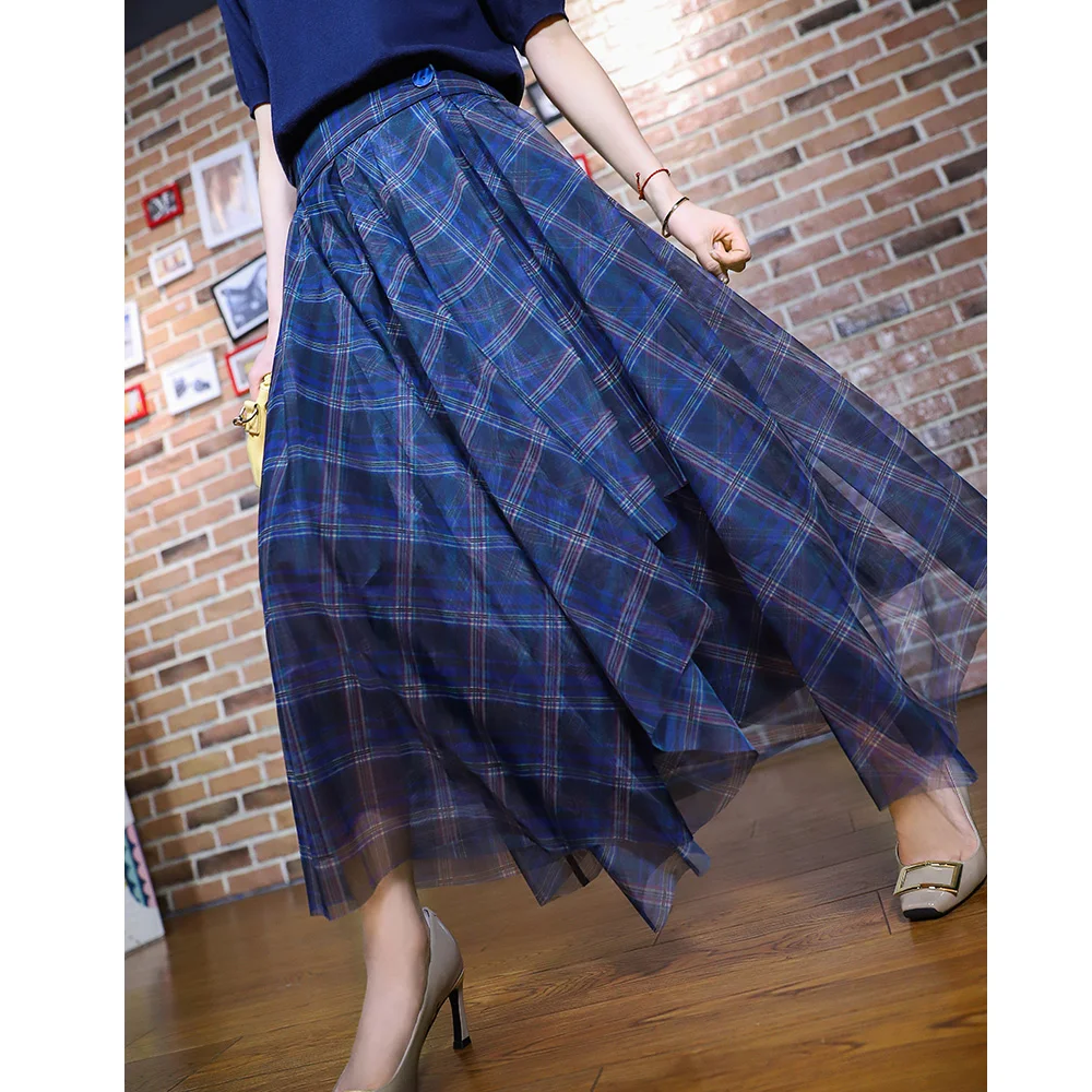 Женская длинная юбка в клетку подиумная Асимметричная миди винтажном стиле