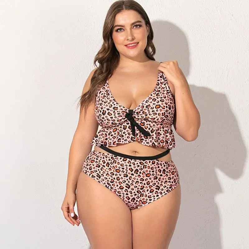 

feeling bikini leopard print lotus leaf side 2 piece set women plus size swimwear swimming suit for women