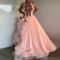 floral dress halter sexy dress asymmetrical ruffles evening dresses light pink female dress layered prom dresses plus size