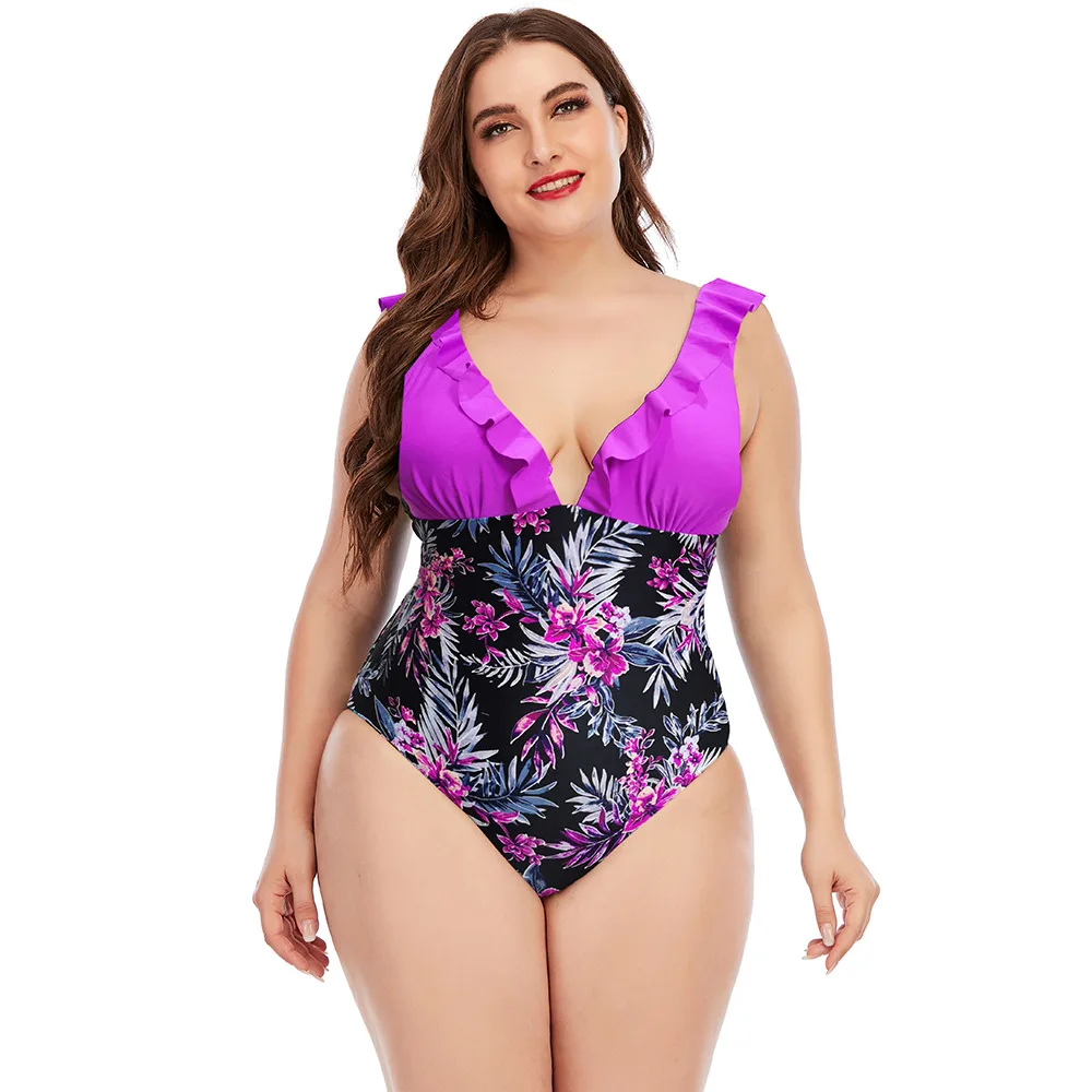 

2020 new large one piece swimsuit with printing and color matching Ruffle
