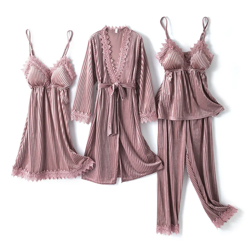 

Pajamas Women 4PCS Sleepwear Striped Velour Bathrobe Nightwear Autumn Winter Sexy Sleep Set Pijamas Suit Long Sleeve Homewear