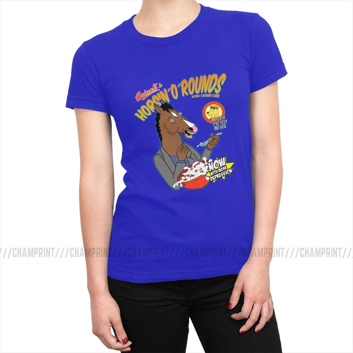 Женские футболки Bojack's cereal, Забавные футболки Bojack Horseman с рисунками из мультфильмов, модные хлопковые футболки, топ, базовая Женская одежда с графическим принтом - Цвет: Синий