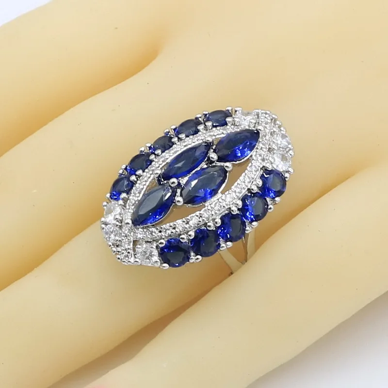 Dark Blue Zircon 925 Silver Jewelry Sets for Women Bracelet Earrings Necklace Pendant Ring Gift Box