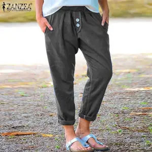 Брюки-султанки ZANZEA женские с поясом на резинке, повседневные однотонные винтажные брюки с принтом репы, хлопково-льняные черные штаны, осень