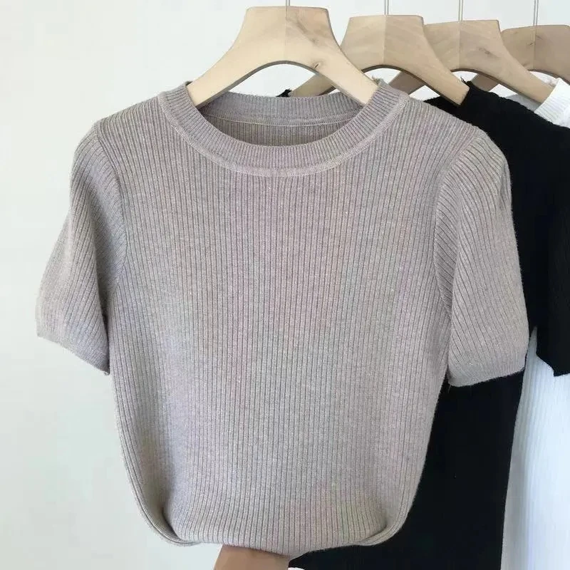 

2021 summer round neck pullover sweater women new simple short-sleeved slim sweater T-shirt top Broadcloth Tops Tees
