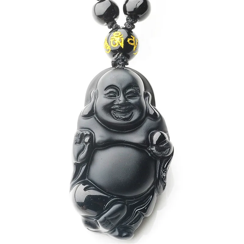 

Natural Black Obsidian Maitreya Buddha Jade Pendant Necklace Chinese Carved Fashion Jewelry Accessories Amulet for Men Women