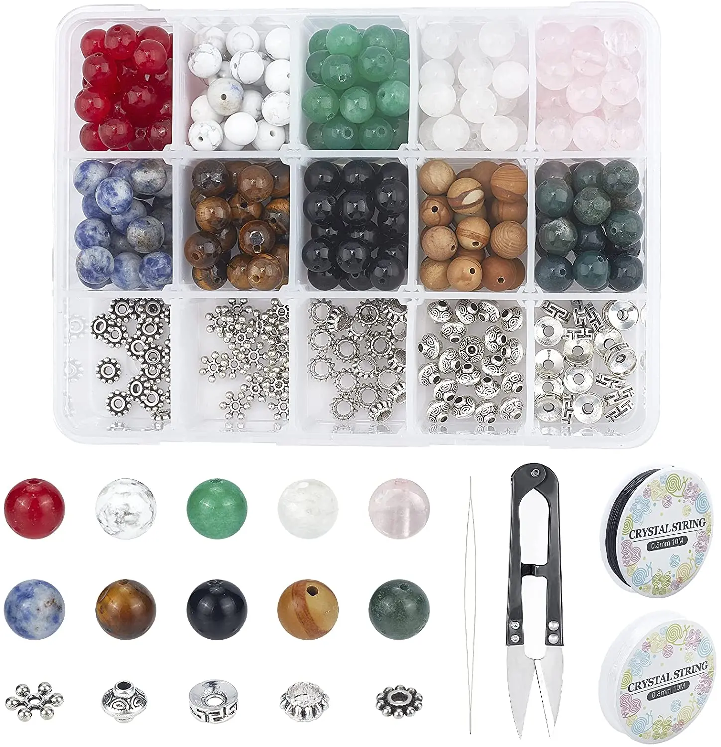 

1 box 350Pcs stone bead box set 10 kinds of materials 8 mm gem bead 5 kinds of crystal wire scissors DIY bracelet making