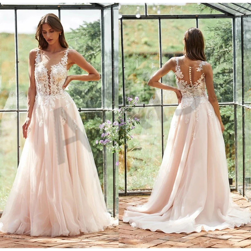 

Jasmine Wedding Dress No Bra Illusion O Neck Sleeveless A-Line Bride Vestido Appliques Tulle Formal Occasion Robe de mariée
