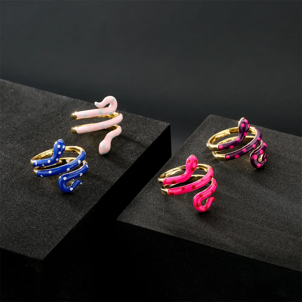 

2021 New Cute Retro Color Copper-Plated Oil Drop Adjustable Snake Shape Ring Fashion All-Match Charm Jewelry