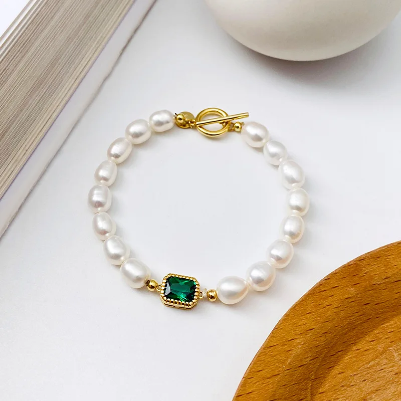 

New Baroque Vintage Pearl Crystal Bracelet Green Zircon Luxury Jewelry for Women Fashion White Color Party Birthday Charm Gift