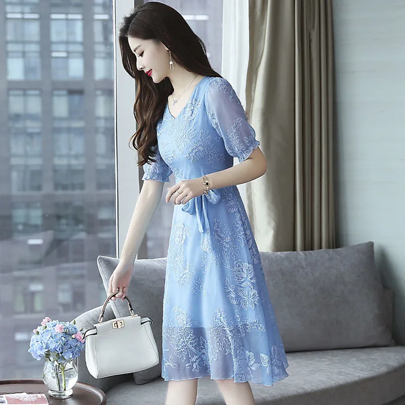 Женское летнее платье 2020 Пляжное синее элегантное Бохо с вышивкой корейское