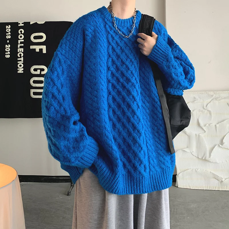

Men's Wear Twist Sweater 2022 Autumn Winter Loose All-match Korean Style Vintage Oversize Kintted Sweater Round Collar Pullover