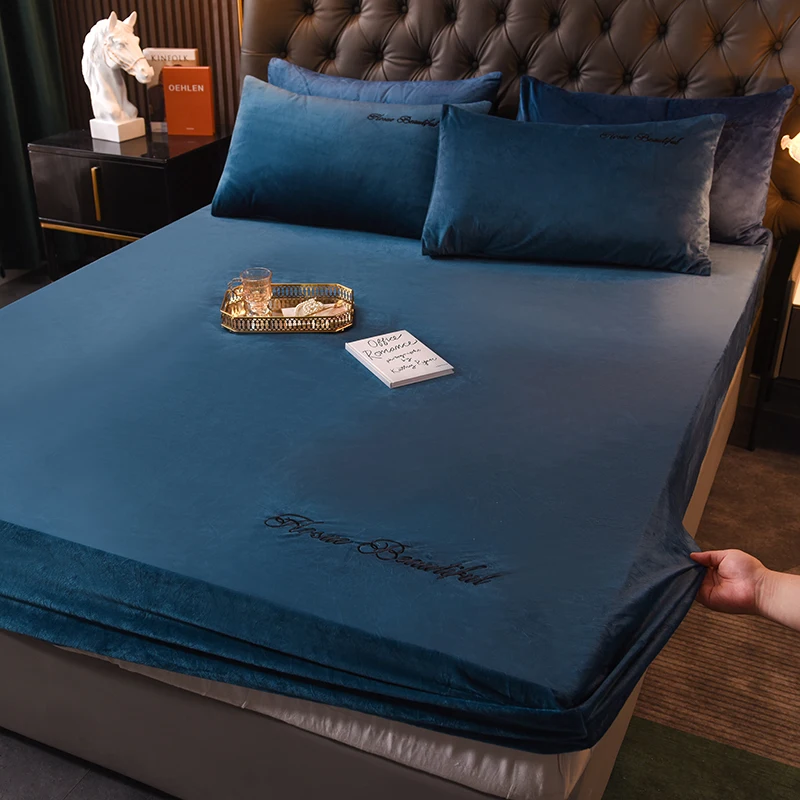 

Crystal Velvet Bed Sheet Home Winter Warm and Soft Elastic Fitted Sheet Queen Full Twin Size Solid Mattress Cover 180x200cm