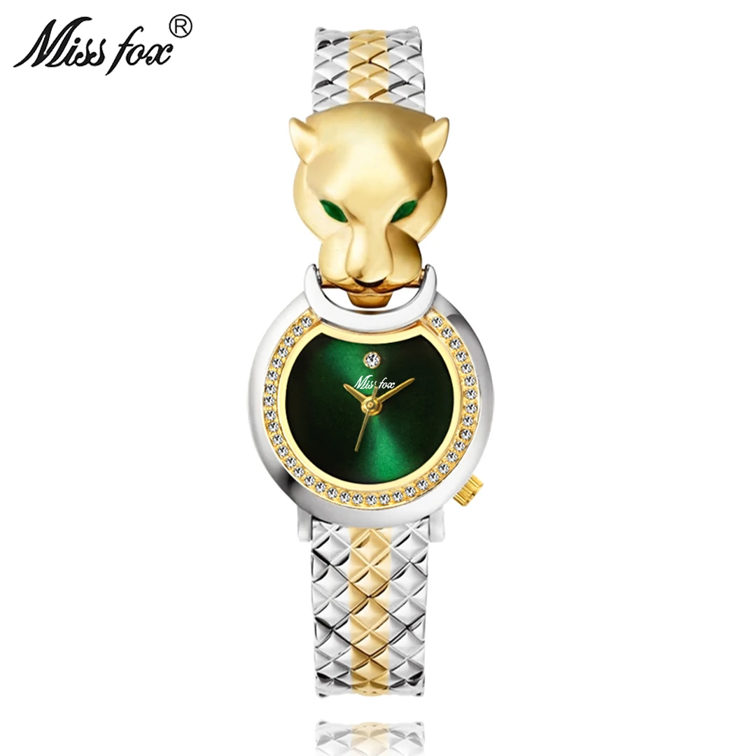 

MISSFOX роскошные женские часы с бриллиантами и леопардовым принтом с зеленым циферблатом и золотым циферблатом, кварцевые женские часы, женск...