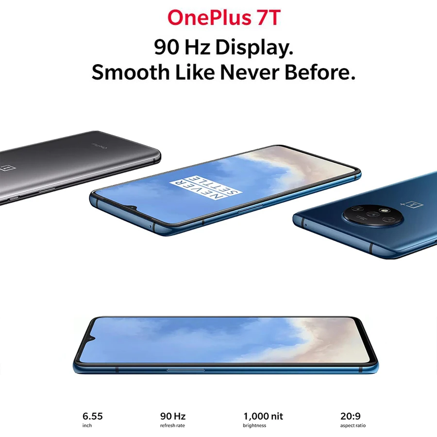 Global Firmware Oneplus 7T 8GB 128GB 256GB Mobile Phone Snapdragon 855 Plus 6.55" 48MP Triple Camera 4G Android 10.0 NFC phone
