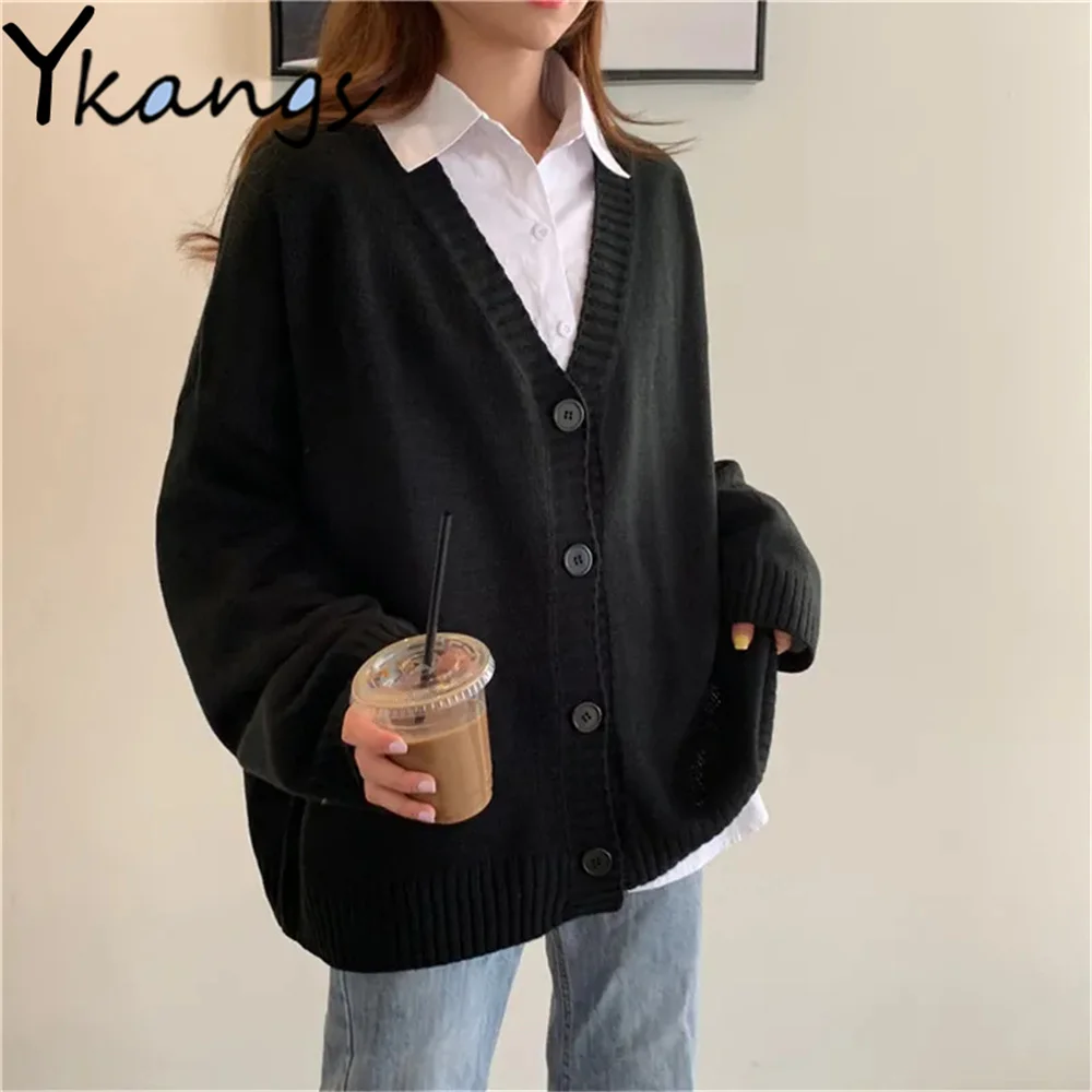 

Korean Style Elegant Loose Black Knitted Coat Sweet All-Match Cardigan Autumn Winter Harajuku Simple Women Wearing Retro Sweater