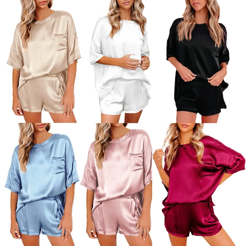 

Short-sleeved Straight Shorts Homewear Set for Women Casual Loose Female Pajamas Solid Color