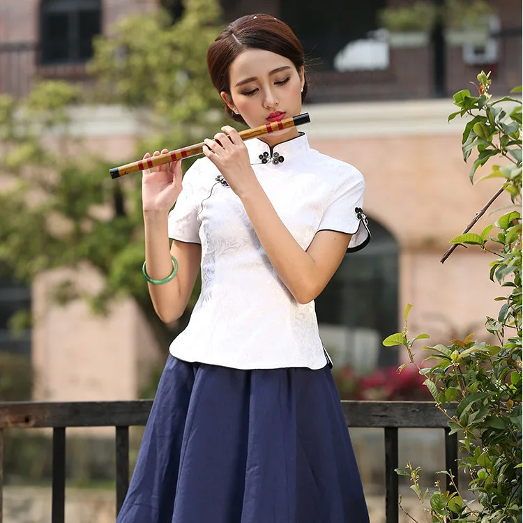 Sheng Coco Black China Blouse Women Traditional Chinese Shirt Clothing Chinese Jacquard Cotton Cheongsam Shirt Flower Buckle Top