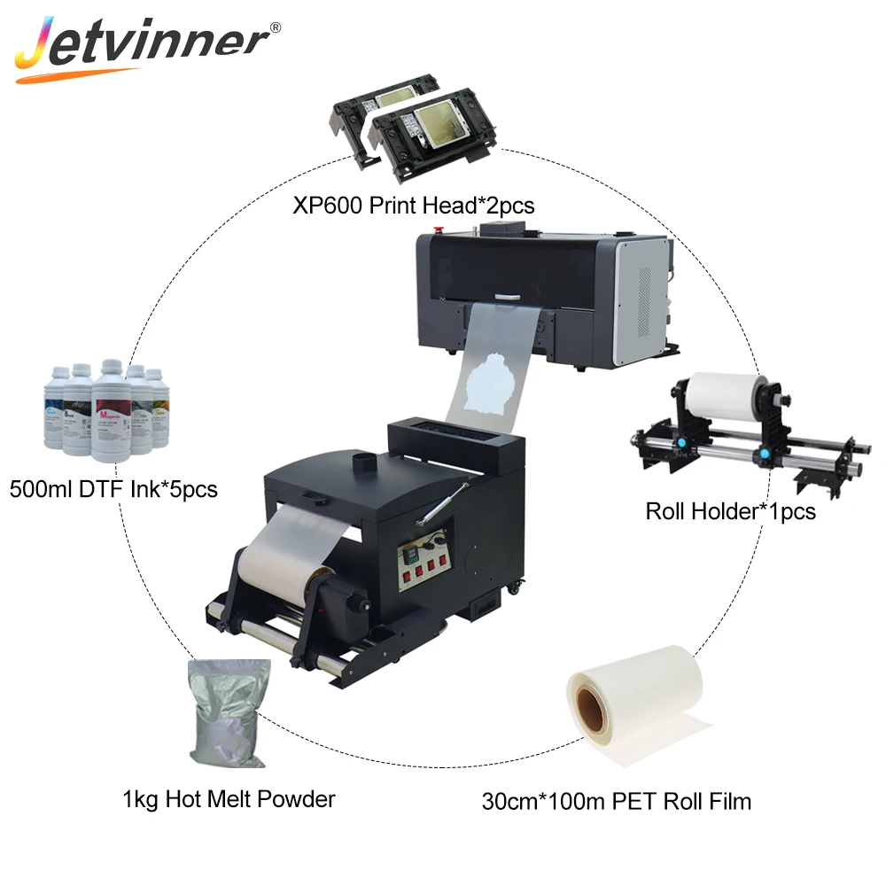 

Jetvinner A3+ DTF T-shirt Printer With Powder Shaking Machine Double XP600 Print Head With Ink Set For Textile Clothes Printing