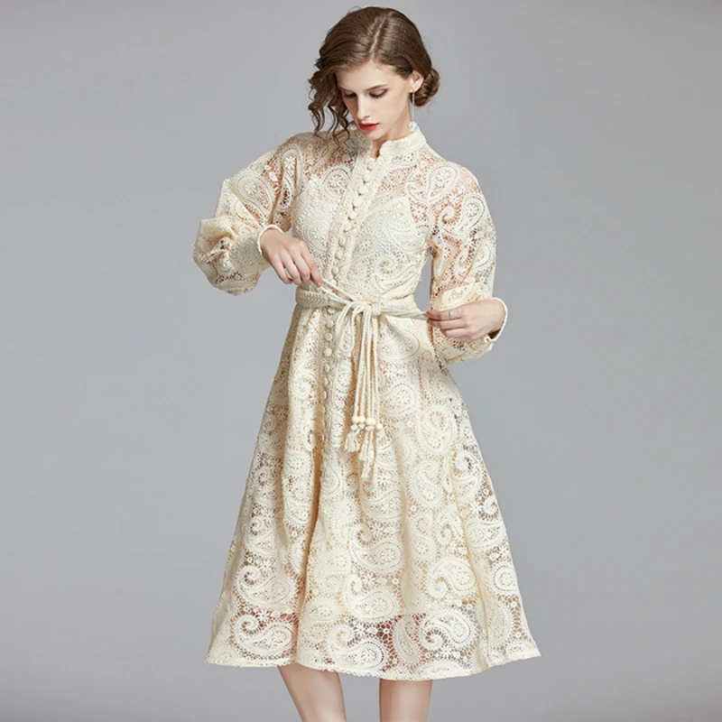 

LUKAXSIKAX 2020 Spring Autumn Women Stand Collar Lantern Sleeve Long Dress High Quality Vintage Hollow Out Lace Runway Dress
