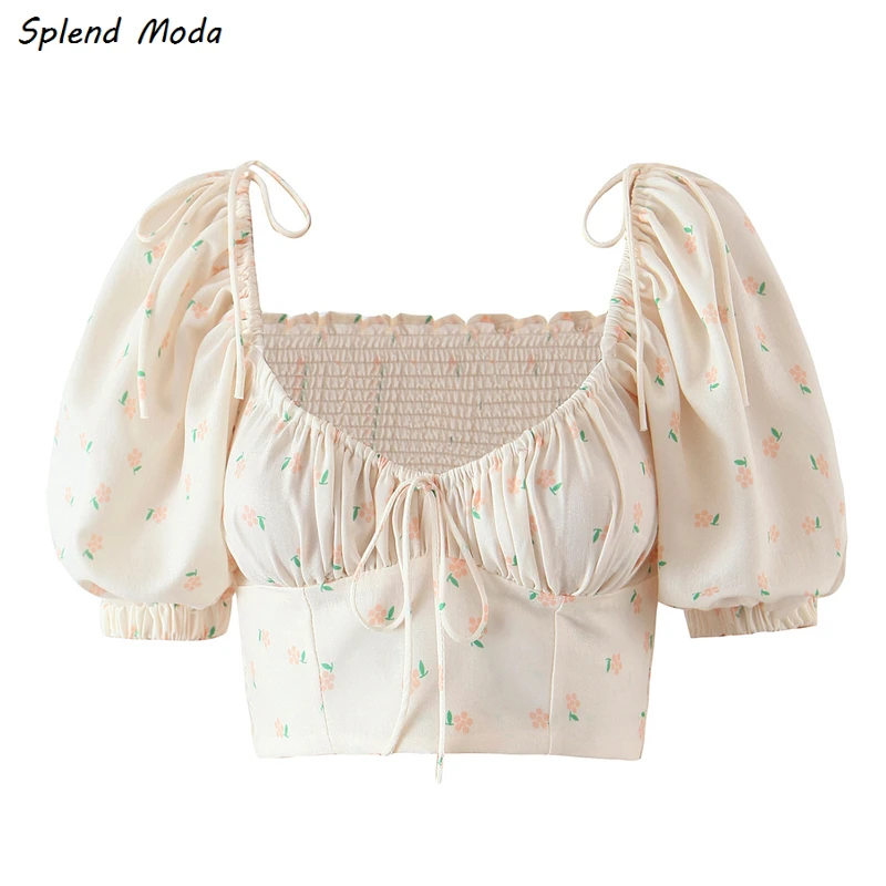 

Splend Moda Sweet Floral Shirt Women 2021 French Vintage Square Collar Puff Sleeve Lace-Up Folds Elastic Slim-Fit Crop Top Chic