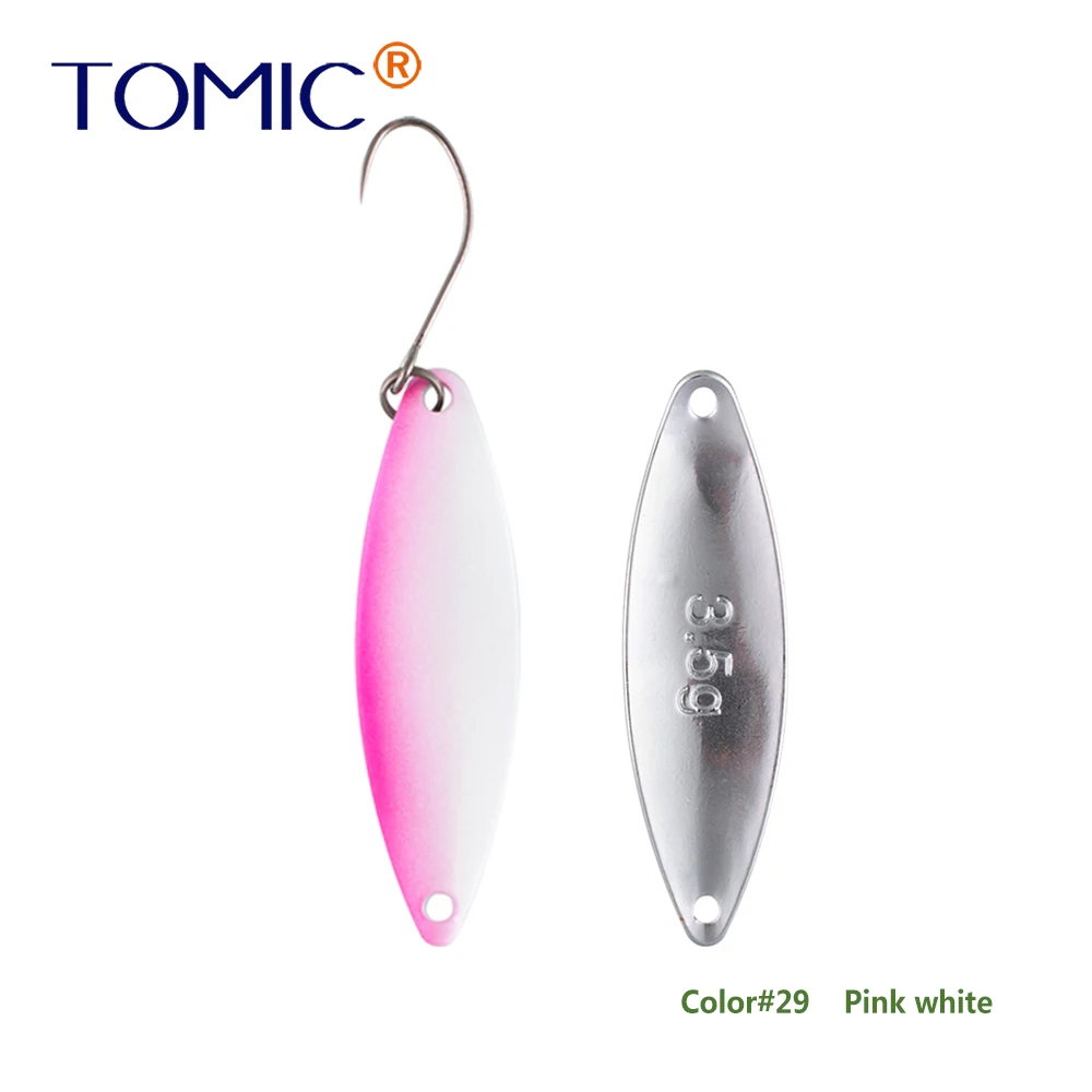 Tomic 1 шт. 1,6 г 2,7 г 3,5 г микро узкие латунные металлические ложки УФ сверкающие цвета окунь форель области один крючок рыболовные приманки Pesca - Цвет: pink white
