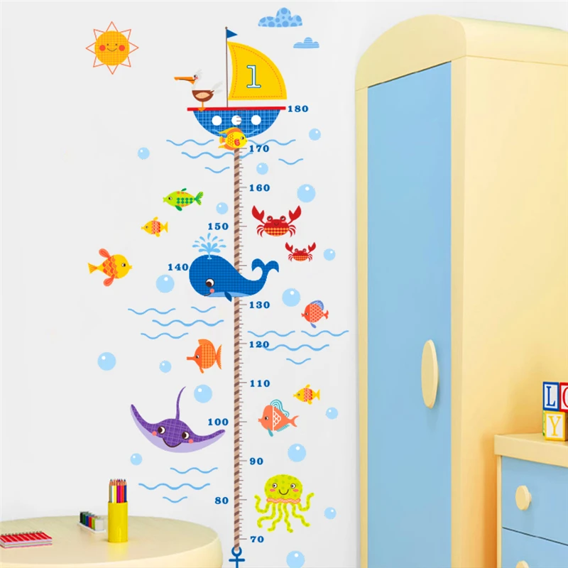 

Cartoon Diy Seabed Fish Shark Bubble Growth Chart Wall Stickers For Kids Room Home Decor Pvc Height Measure Wall Decals Art