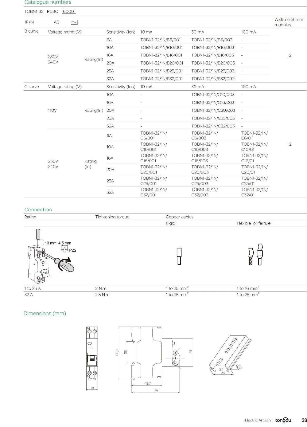 6KA 18 мм RCBO 6A-32A 30mA 1P+ N УЗО с защитой от перегрузки по току и утечки RCBO TOBN1-32