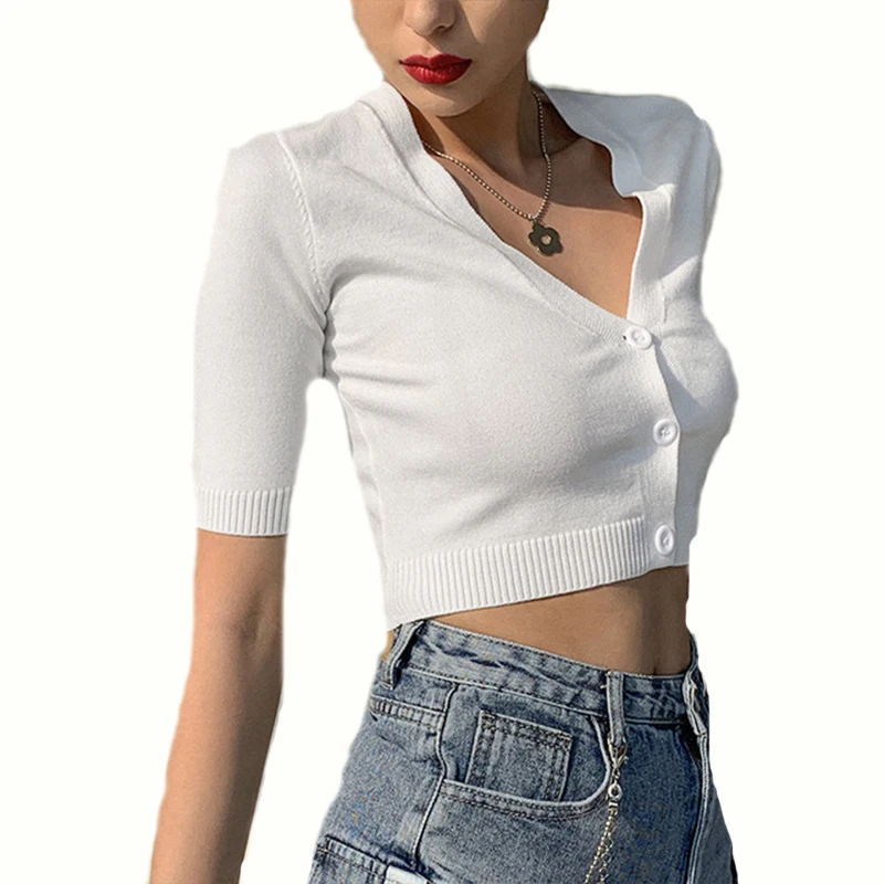 

Women Pink Cropped Cardigan V eck Short Sleeve Sweater Knit Button Up Cardigans Crop Top Single-breasted Casual Fuzzy Fall 2020