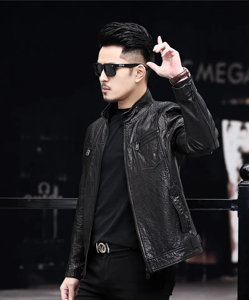 

Top Quality Brand Mens 100% Real Leather Jacket 2021 Autumn Stand Collar Slim Fit Short Motorcycle Jackets Bomber Sheepskin Coat