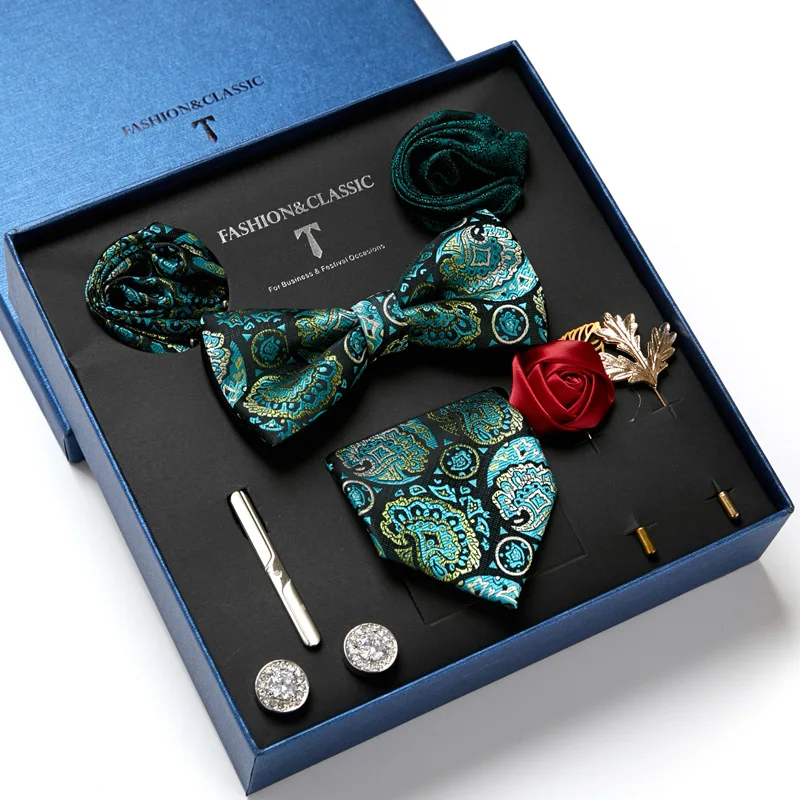 

Luxurious Green Paisley 100% Silk Men Tie For Wedding Business Bowtie Handkerchief&Cufflinks&Tie Clips With Brooch Necktie Set
