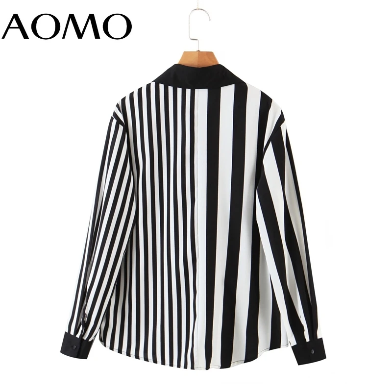 

AOMO 2021 Women Striped Print Pocket Shirt Turn Down Collar Long Sleeve Chic Female Casual Tops Blusas SL201A