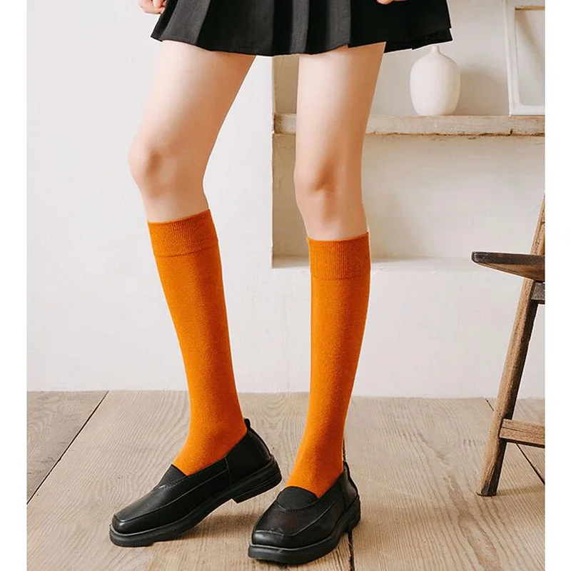 Dreamlikelin Spring Autumn Women's Long Knitting Socks Solid Color Japanese Style High School White Cotton Knee Socks For Girls