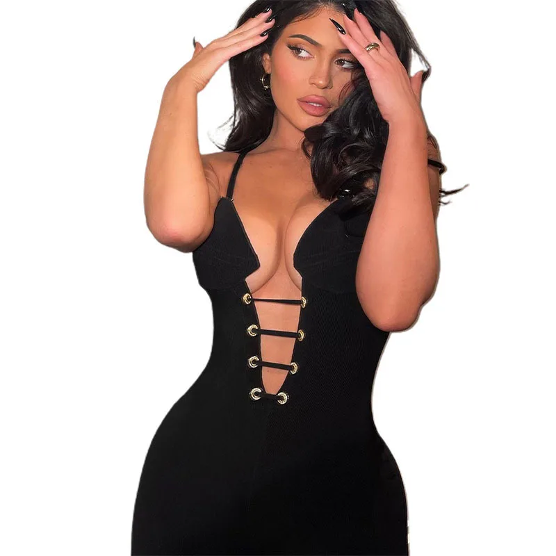 

Celebrity Kellyanna Summer New Women's Bandage Jumpsuit Sexy Hollow V-neck Fashion Club Streetwear Apparel2021