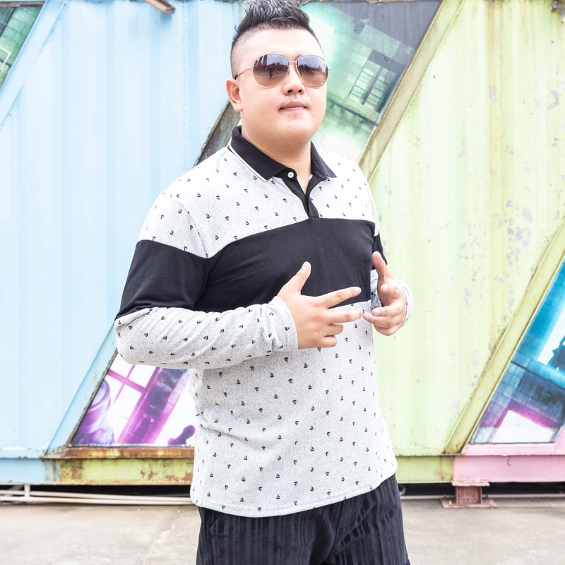 Мужская рубашка поло с длинным рукавом размера плюс полосатая воротником на